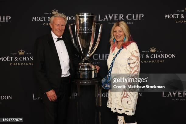 Captain Bjorn Borg of Team Europe and his wife Patricia Ostfeldt pose with the Laver Cup on the black carpet for the Laver Cup Gala ahead of the...