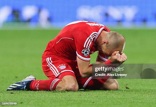 Arjen Robben of Bayern Muenchen celebrates after winning the UEFA Champions League Final against Borussia Dortmund at Wembley Stadium on May 25, 2013...