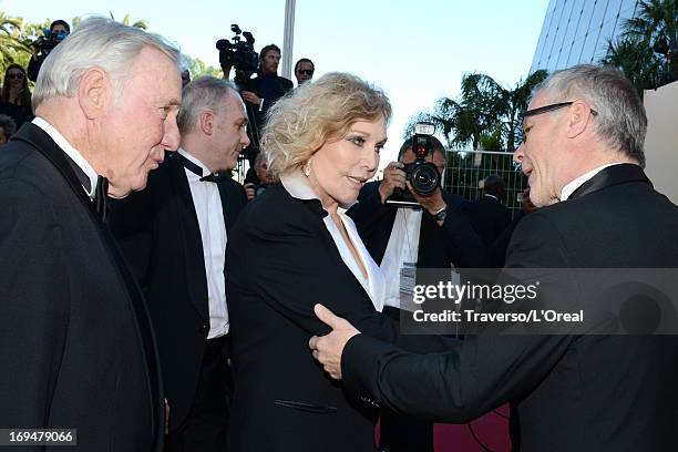 General Delegate of the Cannes Film Festival Thierry Fremaux greets actress Kim Novak and Robert Malloy attends the 'La Venus A La Fourrure' premiere...