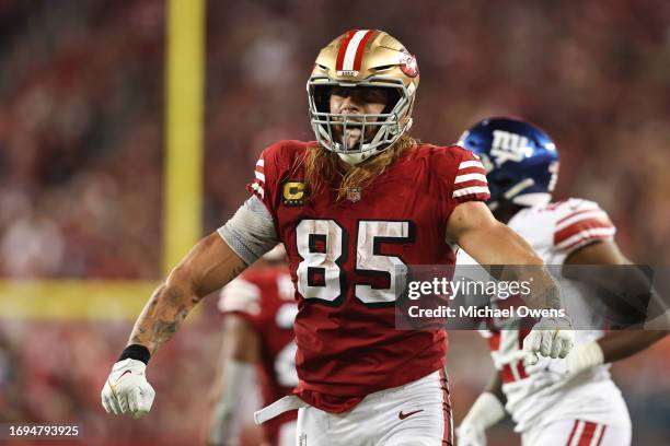 George Kittle of the San Francisco 49ers celebrates after a run during an NFL football game between the San Francisco 49ers and the New York Giants...