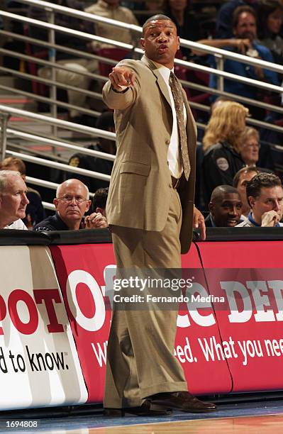 Head coach Doc Rivers of the Orlando Magic points from the sidelines during the NBA game against the Washington Wizards at TD Waterhouse Centre on...