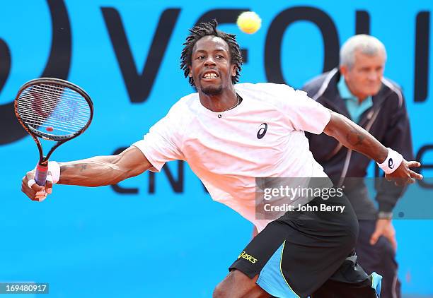 Gael Monfils of France in action against Albert Montanes of Spain in their final match during day seven of the Open de Nice Cote d'Azur 2013 at the...