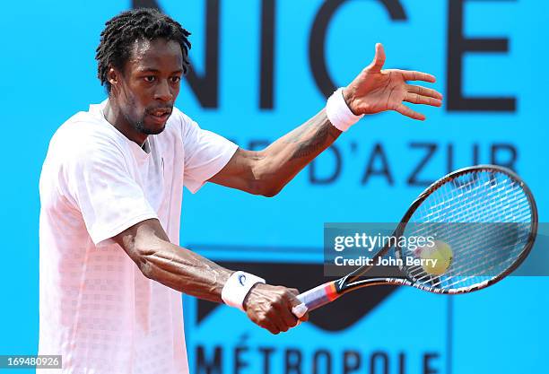 Gael Monfils of France in action against Albert Montanes of Spain in their final match during day seven of the Open de Nice Cote d'Azur 2013 at the...