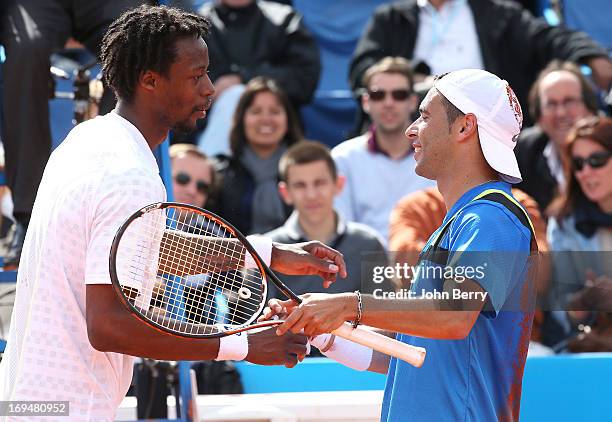 Gael Monfils of France congratulates his winner, Albert Montanes of Spain after their final match during day seven of the Open de Nice Cote d'Azur...