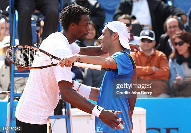 Gael Monfils of France congratulates his winner, Albert Montanes of Spain after their final match during day seven of the Open de Nice Cote d'Azur...