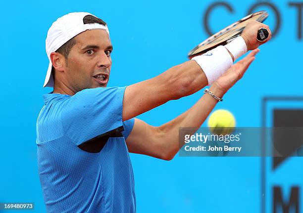 Albert Montanes of Spain in action against Gael Monfils of France in their final match during day seven of the Open de Nice Cote d'Azur 2013 at the...