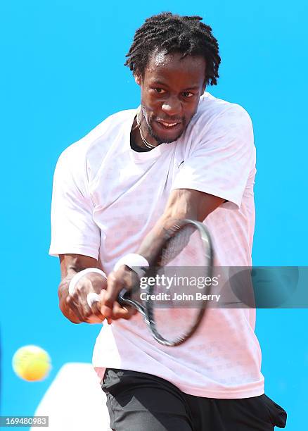 Gael Monfils of France in action against Albert Montanes of Spain in their final match during day seven of the Open de Nice Cote d'Azur 2013 at the...