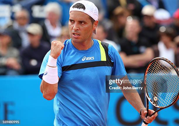 Albert Montanes of Spain in action against Gael Monfils of France in their final match during day seven of the Open de Nice Cote d'Azur 2013 at the...