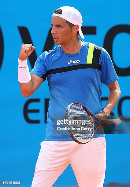 Albert Montanes of Spain in action against Gael Monfils of France in their final match during day seven of the Open de Nice Cote d'Azur 2013 at the...