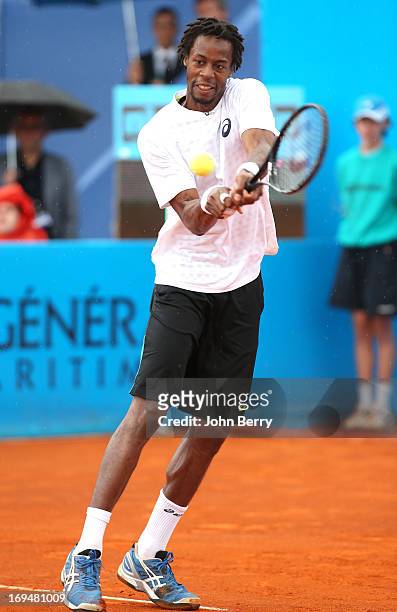 Gael Monfils of France in action against Albert Montanes of Spain in their final match during day seven of the Open de Nice Cote d'Azur 2013 at the...