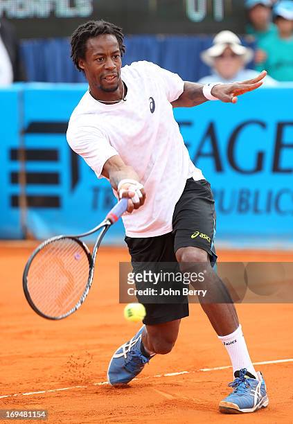 Gael Monfils of France in action against Albert Montanes of Spain in their final match during day seven of the Open de Nice Cote d'Azur 2013 at the...