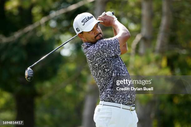 Fabián Gómez of Argentina plays a shot from the third tee during the first round of the Nationwide Children's Hospital Championship at Ohio State...