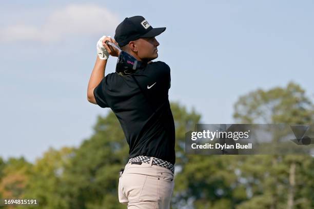 William Mouw of the United States plays a shot from the ninth tee during the first round of the Nationwide Children's Hospital Championship at Ohio...