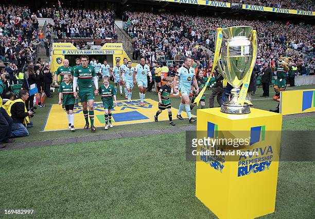 Toby Flood, captain of Leicester Tigers and Dylan Hartley captain of Northampton Saints lead out their team during the Aviva Premiership Final...