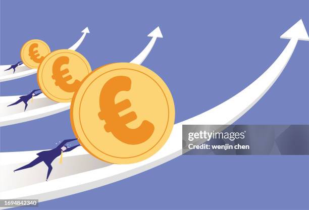 stockillustraties, clipart, cartoons en iconen met people are trying to push the euro forward on the arrow, the currency is appreciating - duwen