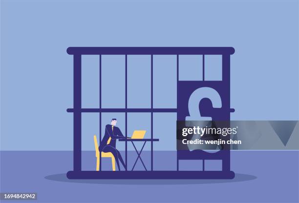 white-collar workers who work in a pound cage, slaves to money - copper bars stock illustrations