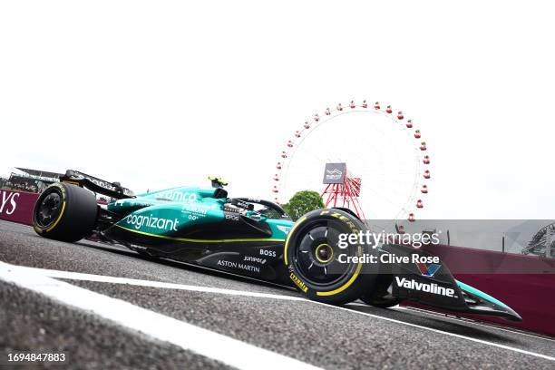 Fernando Alonso of Spain driving the Aston Martin AMR23 Mercedes on track during practice ahead of the F1 Grand Prix of Japan at Suzuka International...