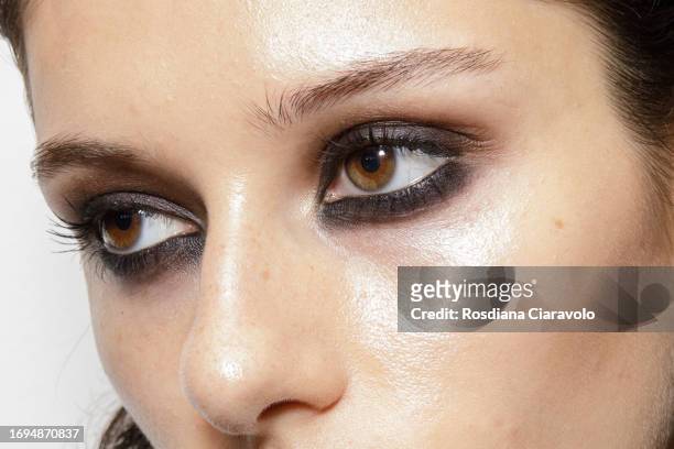 Model, make up detail, backstage ahead of the Tom Ford fashion show during the Milan Fashion Week Womenswear Spring/Summer 2024 on September 21, 2023...
