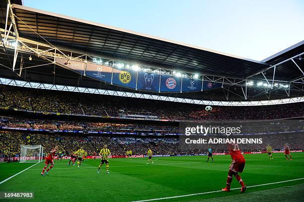General view shows the action during the UEFA Champions League final football match between Borussia Dortmund and Bayern Munich at Wembley Stadium in...