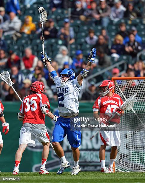 David Lawson of the Duke University Blue Devils celebrates a goal during the game against the Cornell University Big Red during a semifinal game of...