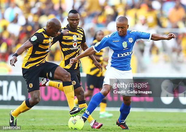 Tsepo Masilela of the Chiefs challenges Mark Haskins of United during the Nedbank Cup Final between SuperSport United and Kaizer Chiefs at Moses...