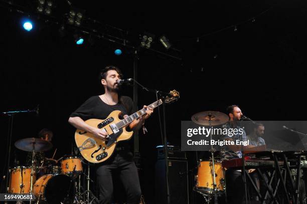 Matt Frazier, Taylor Rice, Kelsey Ayer and Ryan Hahn of Local Natives perform on stage at Field Day Festival at Victoria Park on May 25, 2013 in...