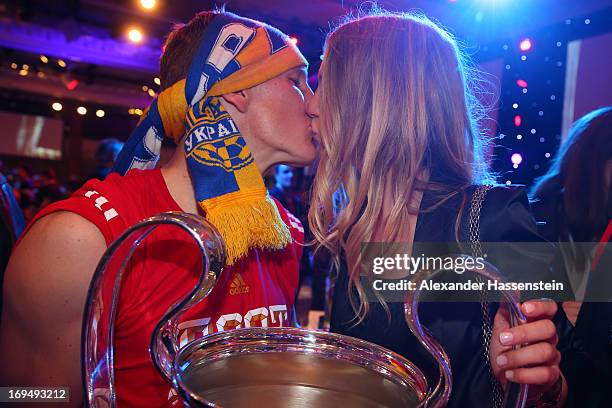 Bastian Schweinsteiger of FC Bayern Muenchen celebrates with Sarah Brandner on the Bayern Muenchen Champions League Finale banquet at Grosvenor House...