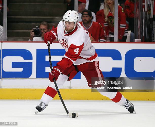 Jakub Kindl of the Detroit Red Wings shoots against the Chicago Blackhawks in Game Five of the Western Conference Semifinals during the 2013 NHL...