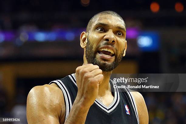 Tim Duncan of the San Antonio Spurs reacts in the fourth quarter while taking on the Memphis Grizzlies during Game Three of the Western Conference...