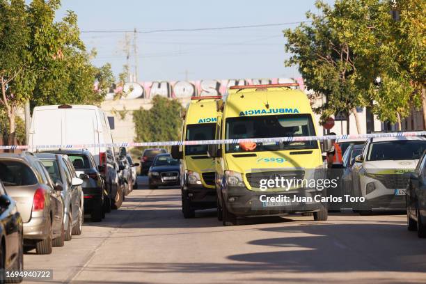 Ambulances are parked outside a school where a stabbing took place earlier this morning on September 28, 2023 in Jerez de la Frontera, Spain. A...