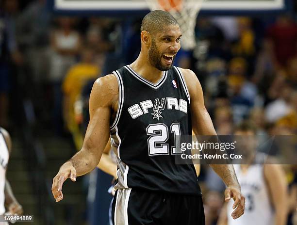 Tim Duncan of the San Antonio Spurs reacts while taking on the Memphis Grizzlies during Game Three of the Western Conference Finals of the 2013 NBA...
