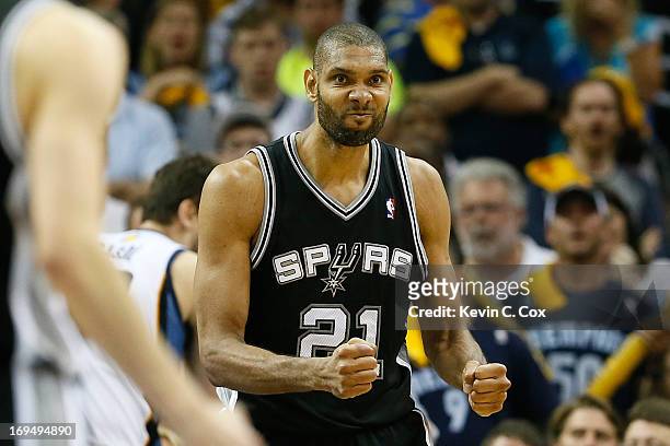 Tim Duncan of the San Antonio Spurs reacts while taking on the Memphis Grizzlies during Game Three of the Western Conference Finals of the 2013 NBA...