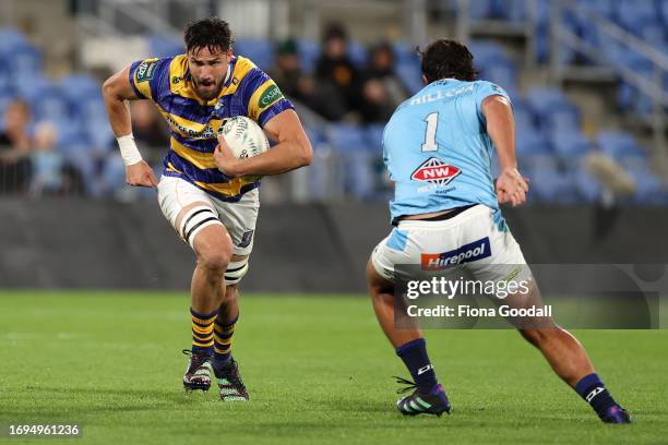 Justin Sangster of Bay of Plenty takes the ball up during the round eight Bunnings Warehouse NPC match between Northland and Bay of Plenty at...