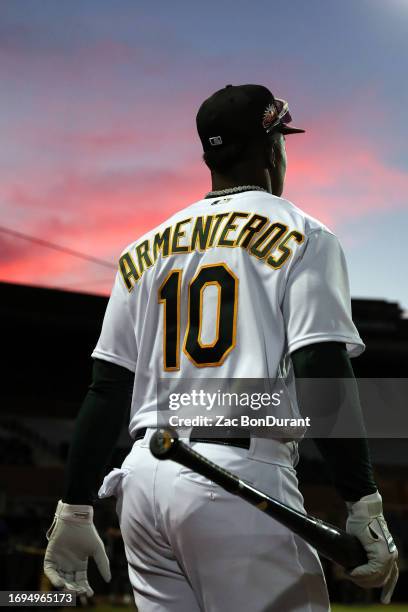 Lazaro Armenteros of the Mesa Solar Sox walks out of the dugout for batting practice during the Arizona Fall League Media Day at Scottsdale Stadium...