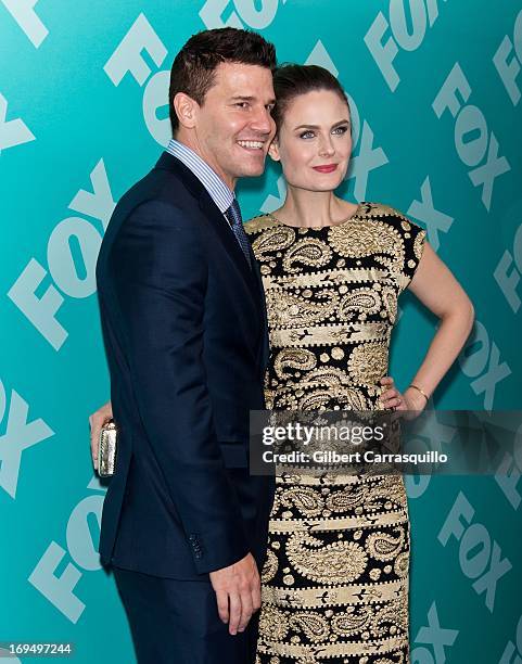 Actors David Boreanaz and Emily Deschanel of "Bones" attend the FOX 2103 Programming Presentation Post-Party at Wollman Rink - Central Park on May...