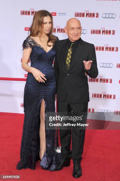Actor Sir Ben Kingsley and wife Daniela Lavender arrive at the Los Angeles Premiere of "Iron Man 3" at the El Capitan Theatre on April 24, 2013 in...