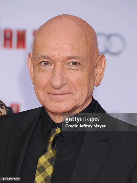 Actor Sir Ben Kingsley arrives at the Los Angeles Premiere of "Iron Man 3" at the El Capitan Theatre on April 24, 2013 in Hollywood, California.