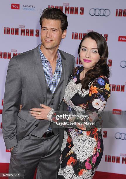 Actress Kat Dennings and actor Nick Zano arrive at the Los Angeles Premiere of "Iron Man 3" at the El Capitan Theatre on April 24, 2013 in Hollywood,...