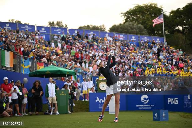 Nelly Korda of Team USA hits a tee shot on the first hole on Day One of The Solheim Cup at Finca Cortesin Golf Club on September 22, 2023 in Casares,...