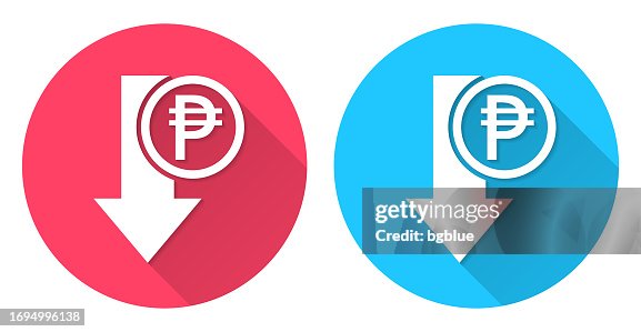 Peso decrease. Round icon with long shadow on red or blue background Peso decrease. Round icon with long shadow on red or blue background
