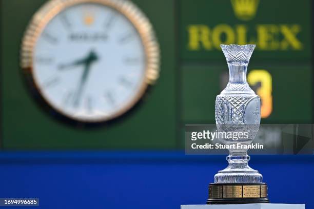 Detailed view of the trophy on the first tee on Day One of The Solheim Cup at Finca Cortesin Golf Club on September 22, 2023 in Casares, Spain.