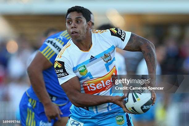 Albert Kelly of the Titans passes during the round 11 NRL match between the Parramatta Eels and the Gold Coast Titans at Glen Willow Regional Sports...