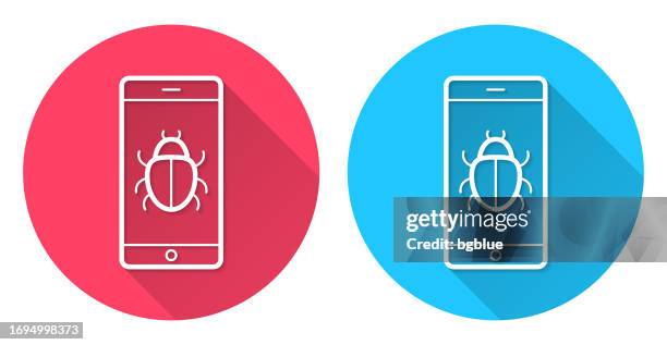 smartphone with bug. round icon with long shadow on red or blue background - computer bug stock illustrations