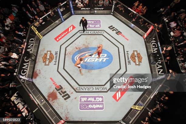 An overhead view of the Octagon as Junior "Cigano" dos Santos and Mark Hunt touch gloves at the start of the third round in their heavyweight bout...