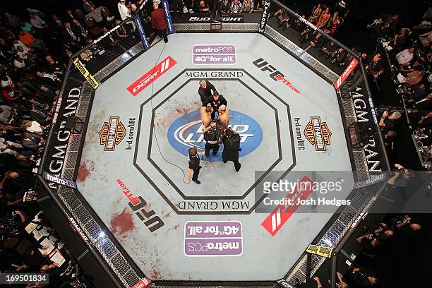An overhead view of the Octagon as Junior "Cigano" dos Santos and Mark Hunt face off before their heavyweight bout during UFC 160 at the MGM Grand...