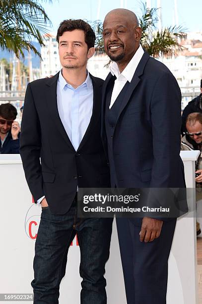 Actors Orlando Bloom and Forest Whitaker attend the photocall for 'Zulu' during the 66th Annual Cannes Film Festival at Palais des Festivals on May...