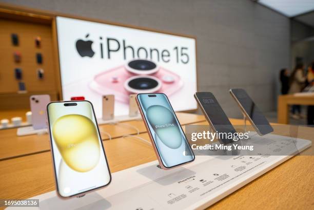 The iPhone 15 range on display in store on September 22, 2023 in Milan, Italy. After Apple's announcement of the iPhone 15 series on September 12,...