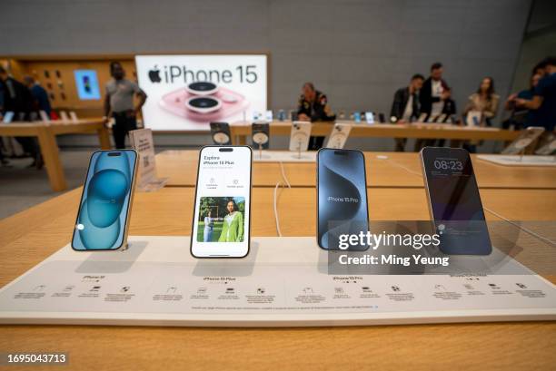 The iPhone 15 range on display in store on September 22, 2023 in Milan, Italy. After Apple's announcement of the iPhone 15 series on September 12,...