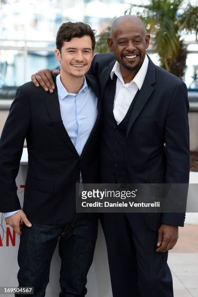 Actors Orlando Bloom and Forest Whitaker attend the photocall for 'Zulu' during the 66th Annual Cannes Film Festival at Palais des Festivals on May...