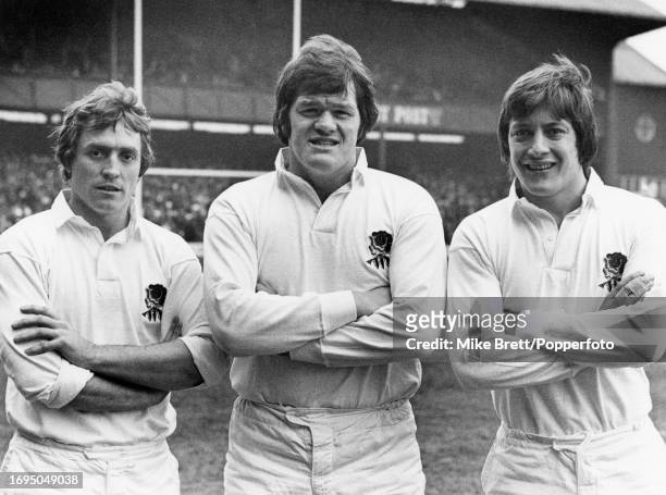 England rugby players Steve Smith, Fran Cotton and Tony Bond of Sale before the Five Nations Championship match between England and Ireland at...